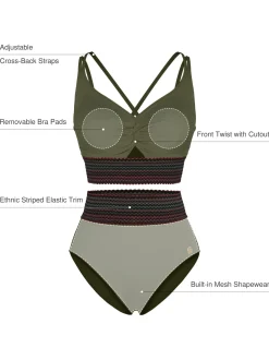 Boho Trim High Waist Tummy Control Bikini Set