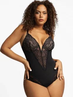 Deep-V Neck Lace Shapewear Bodysuit Leather Midi Skirt Set