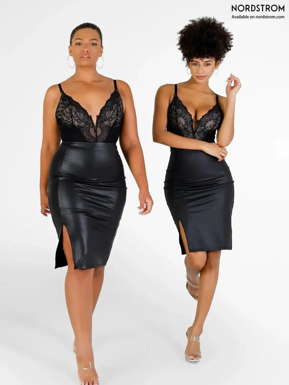 Deep-V Neck Lace Shapewear Bodysuit Leather Midi Skirt Set