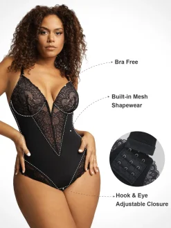 Deep-V Neck Lace Shapewear Bodysuit Leather Midi Skirt Set