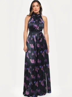 Draped High Neck Sculpting Floral-Print Maxi Dress