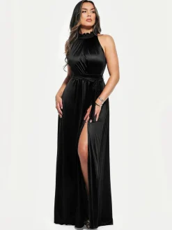 Draped High Neck Sculpting Floral-Print Maxi Dress