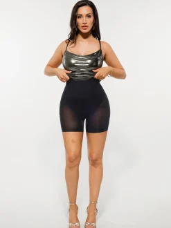Metallic Cowl Neck Side Ruched Sculpting Tummy Control Midi Dress