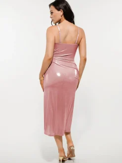 Metallic Cowl Neck Side Ruched Sculpting Tummy Control Midi Dress