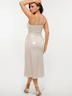 Metallic Cowl Neck Side Ruched Sculpting Tummy Control Midi Dress