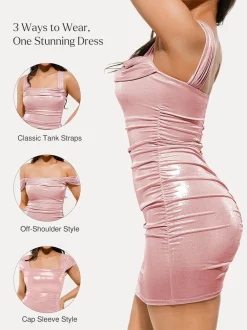 Metallic Off-The Shoulder Ruched Sculpting Tummy Control Mini Dress