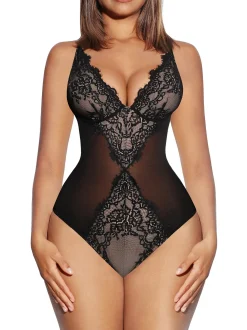 Popilush V Neck Tummy Control Low Back Thong Bodysuit