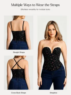 Sculpting Push-Up Lace Floral Boned Convertible Strap Corset Top