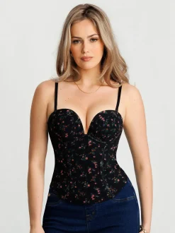 Sculpting Push-Up Lace Floral Boned Convertible Strap Corset Top