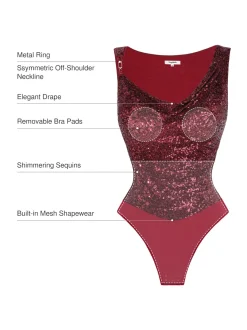 Sequin Cowl Neck Chain Detail Sculpting Bodysuit