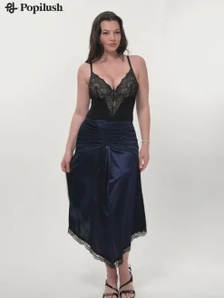 Shapewear Asymmetric Ruched Lace Midi Skirt