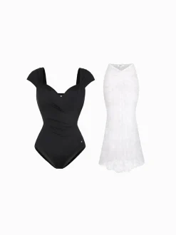 Shapewear Cap Sleeve Bodysuit Lace Fishtail Coverup Skirt Set