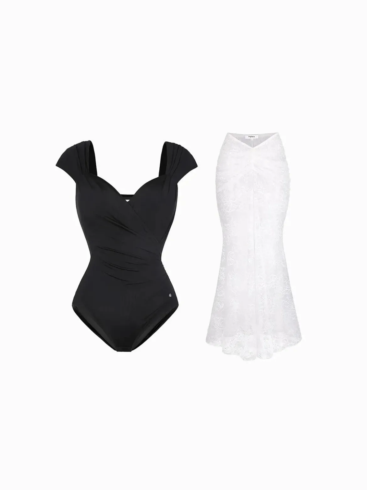 Shapewear Cap Sleeve Bodysuit Lace Fishtail Coverup Skirt Set