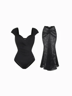 Shapewear Cap Sleeve Bodysuit Lace Fishtail Coverup Skirt Set