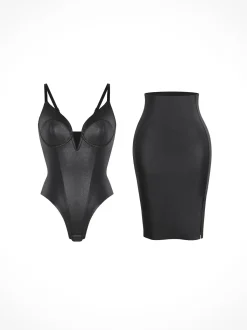 Shapewear Deep V-Neck Leather Bodysuit Slit Midi Skirt Set