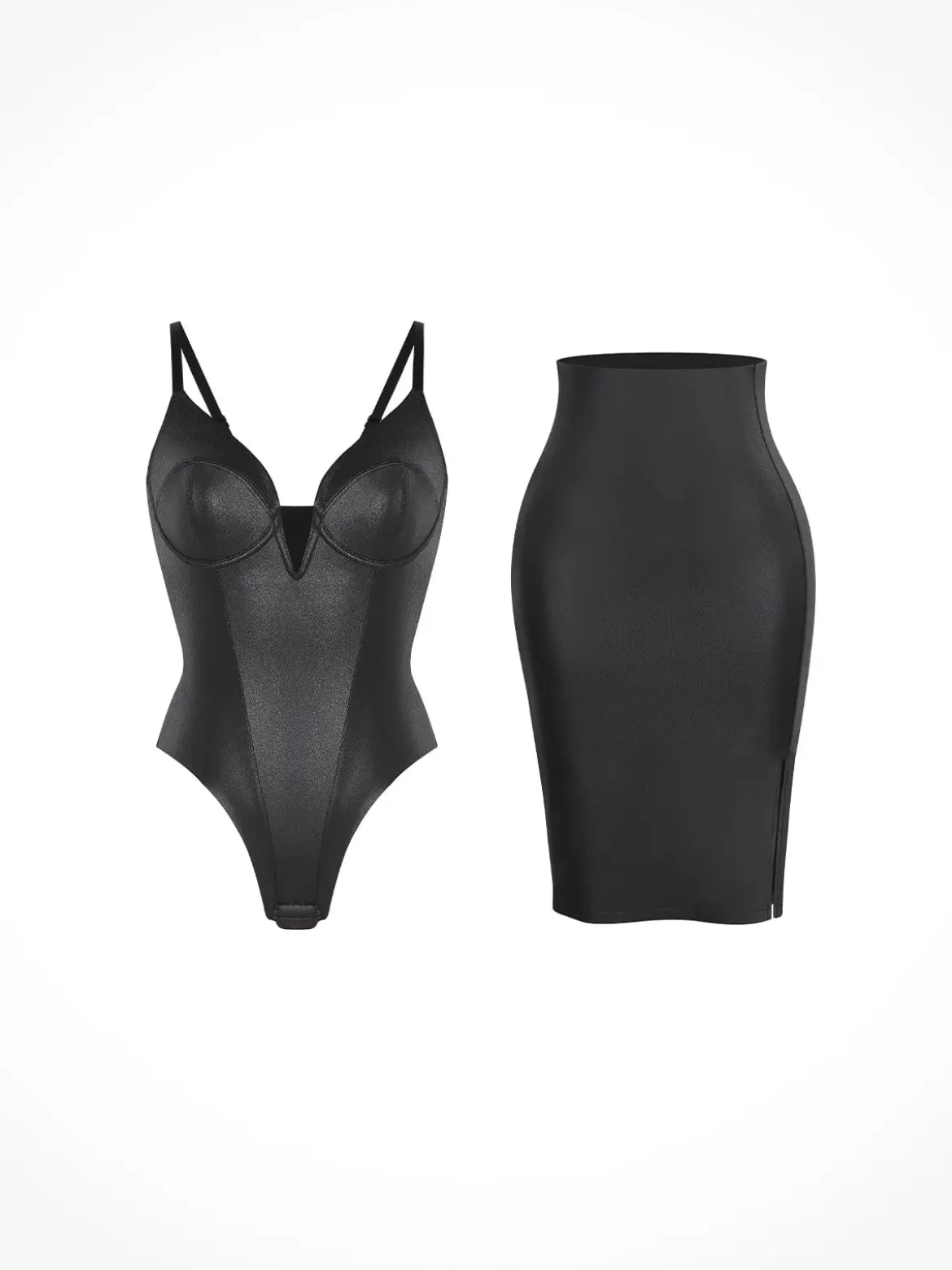 Shapewear Deep V-Neck Leather Bodysuit Slit Midi Skirt Set