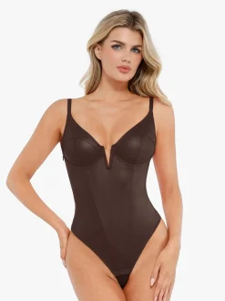 Shapewear Deep V-Neck Leather Bodysuit Slit Midi Skirt Set