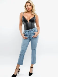 Shapewear Deep V-Neck Leather Bodysuit Slit Midi Skirt Set