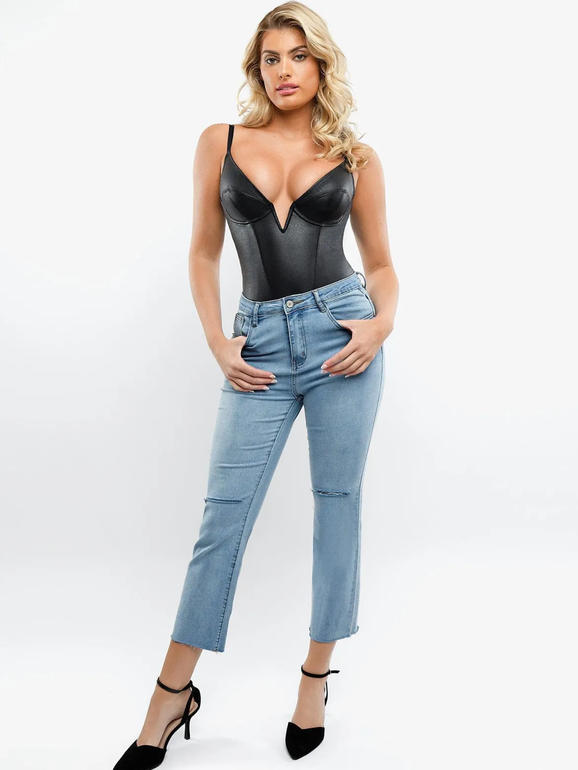 Shapewear Deep V-Neck Leather Bodysuit Slit Midi Skirt Set