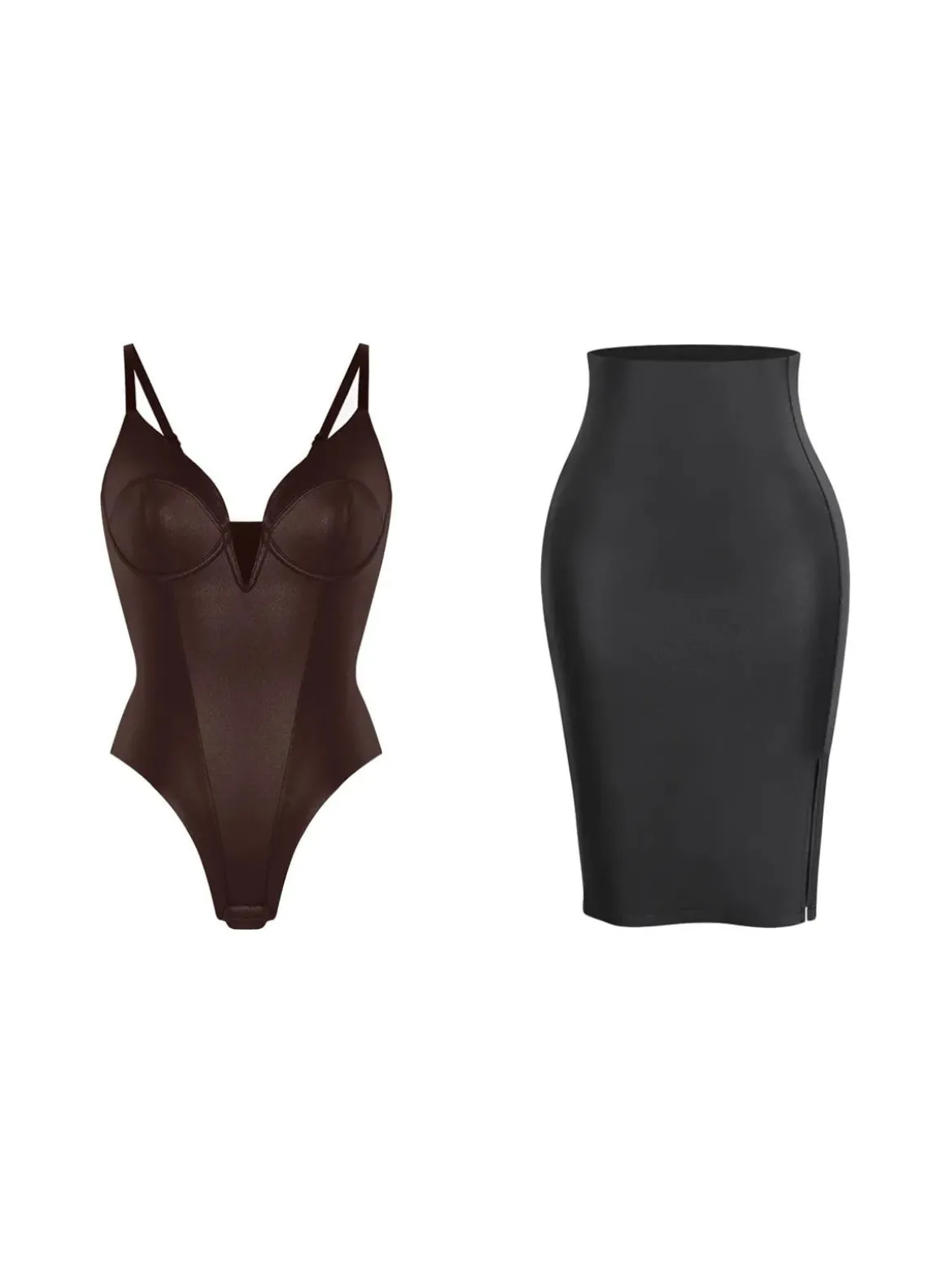Shapewear Deep V-Neck Leather Bodysuit Slit Midi Skirt Set