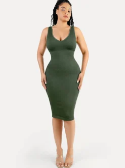 Shapewear Deep V-Neck Tummy Control Midi Dress