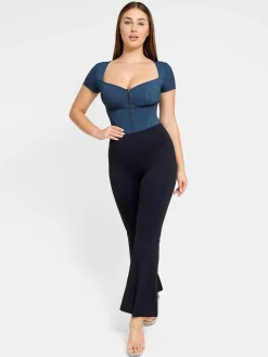 Shapewear Denim Short Sleeve Zip Front Slimming Bodysuit