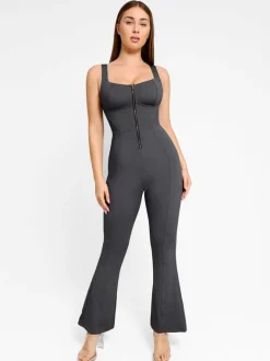 Shapewear Denim Short Sleeve Zip Front Butt Lift Jumpsuit