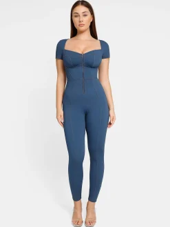 Shapewear Denim Short Sleeve Zip Front Butt Lift Jumpsuit