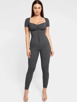 Shapewear Denim Short Sleeve Zip Front Butt Lift Jumpsuit
