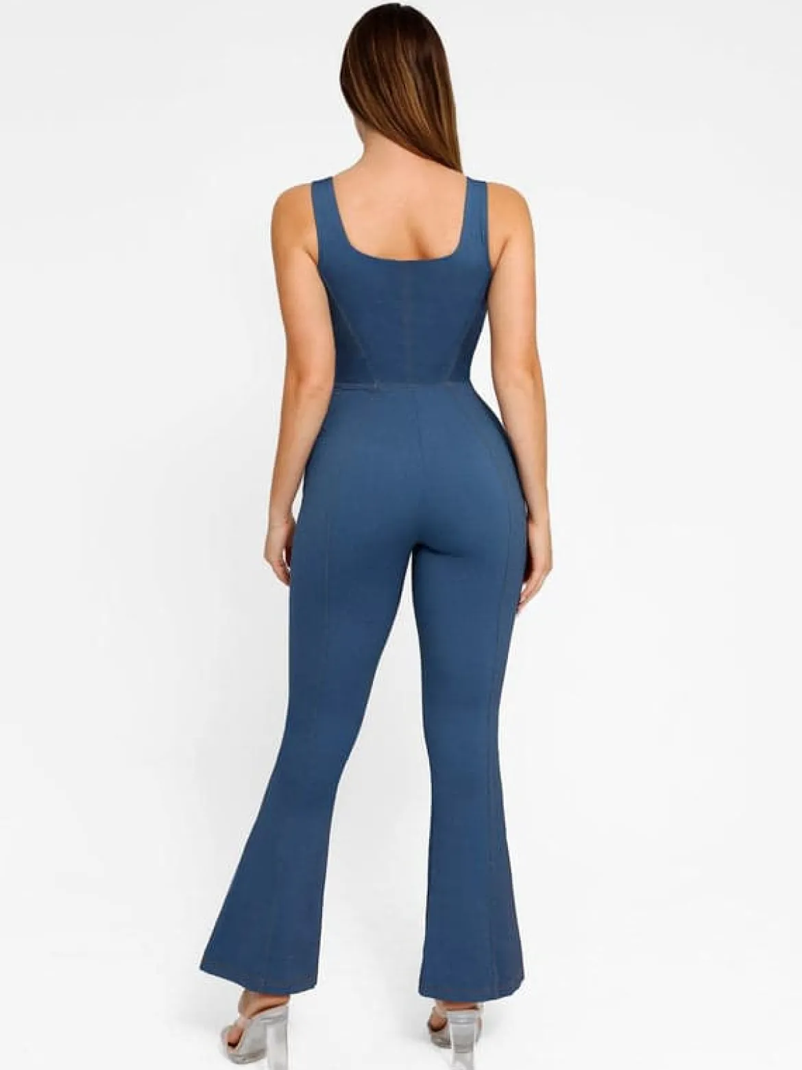 Shapewear Denim Short Sleeve Zip Front Butt Lift Jumpsuit