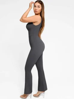 Shapewear Denim Short Sleeve Zip Front Butt Lift Jumpsuit