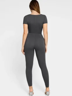 Shapewear Denim Short Sleeve Zip Front Butt Lift Jumpsuit