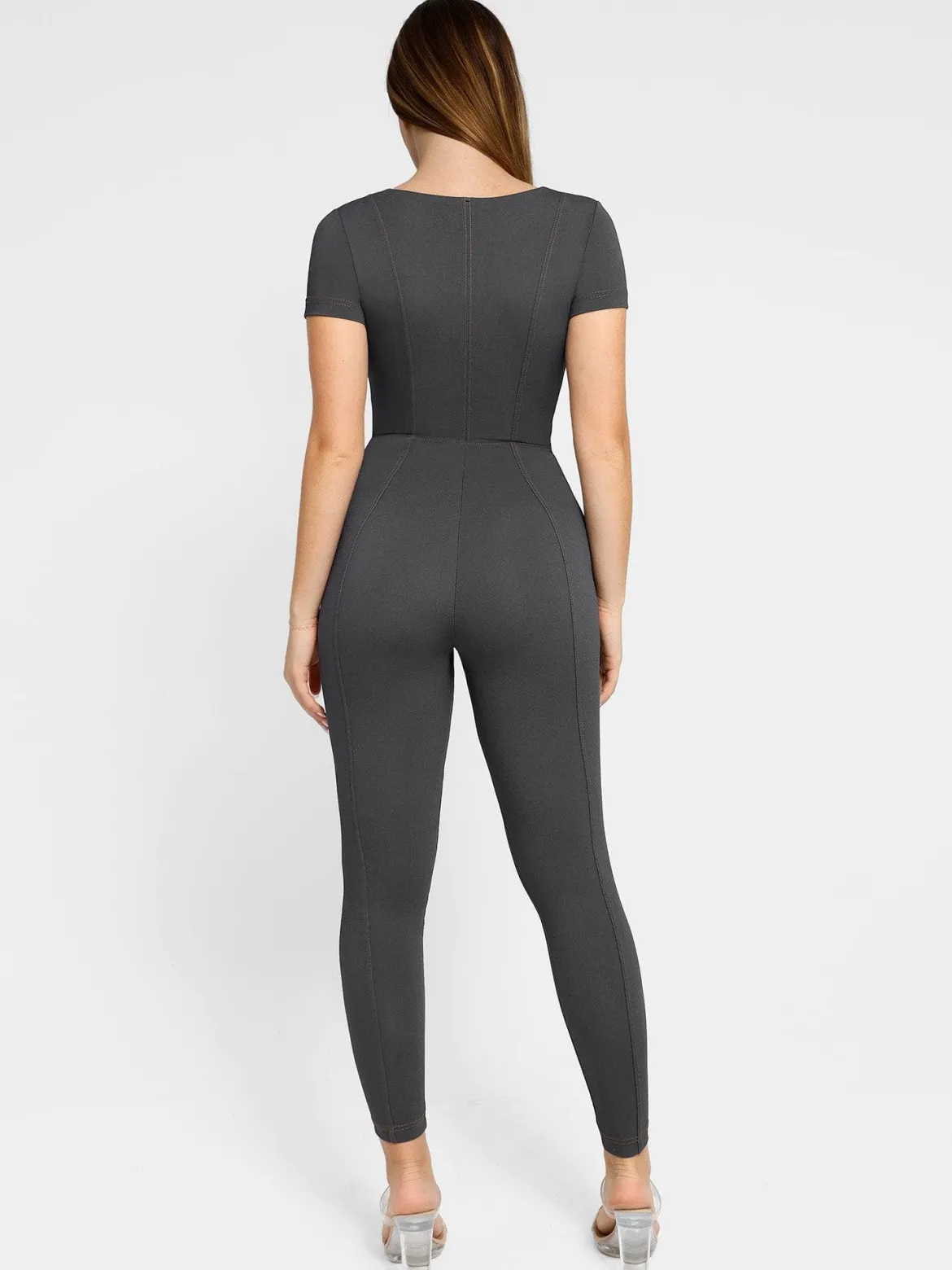 Shapewear Denim Short Sleeve Zip Front Butt Lift Jumpsuit