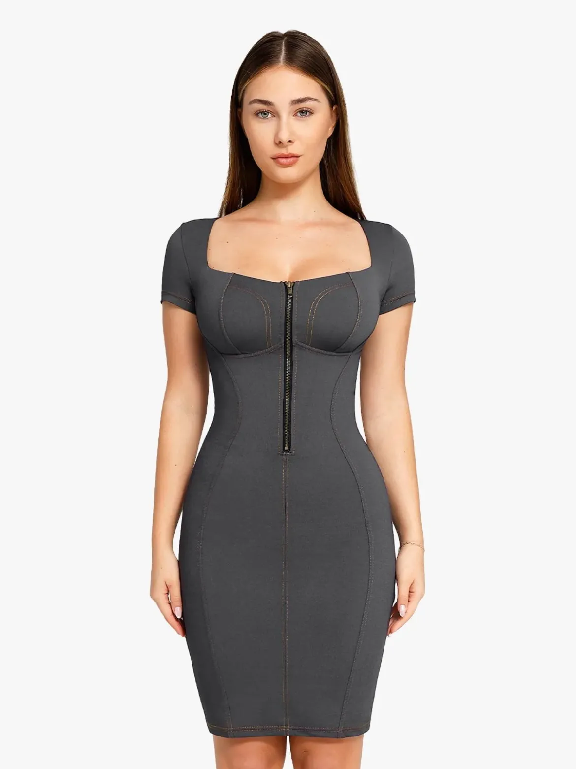 Shapewear Denim Square Neck Tummy Control Midi Dress