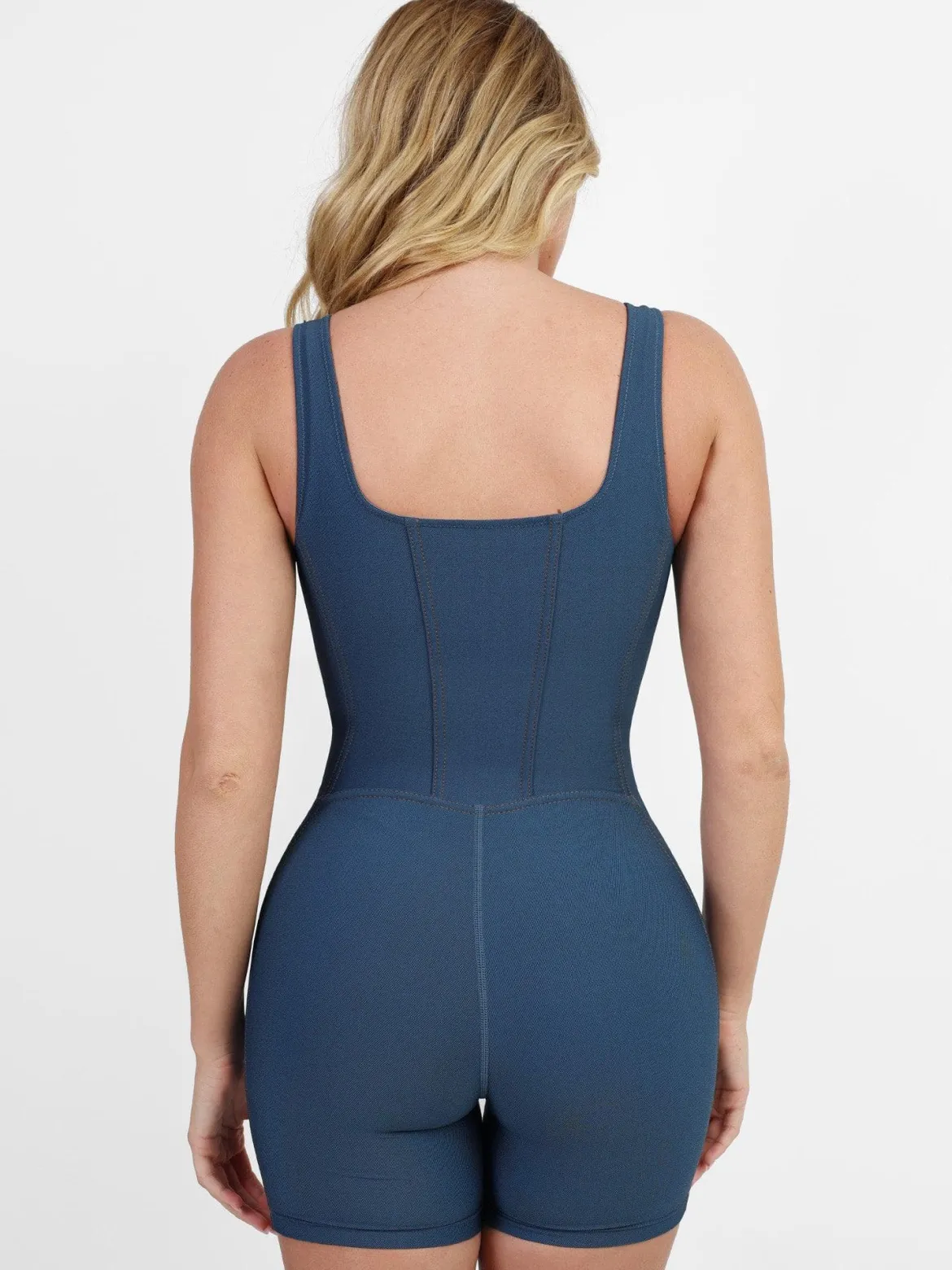 Shapewear Denim Square Neck Zip Front Sculpting Romper