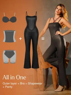 Shapewear Faux Leather Corset Jumpsuit Set