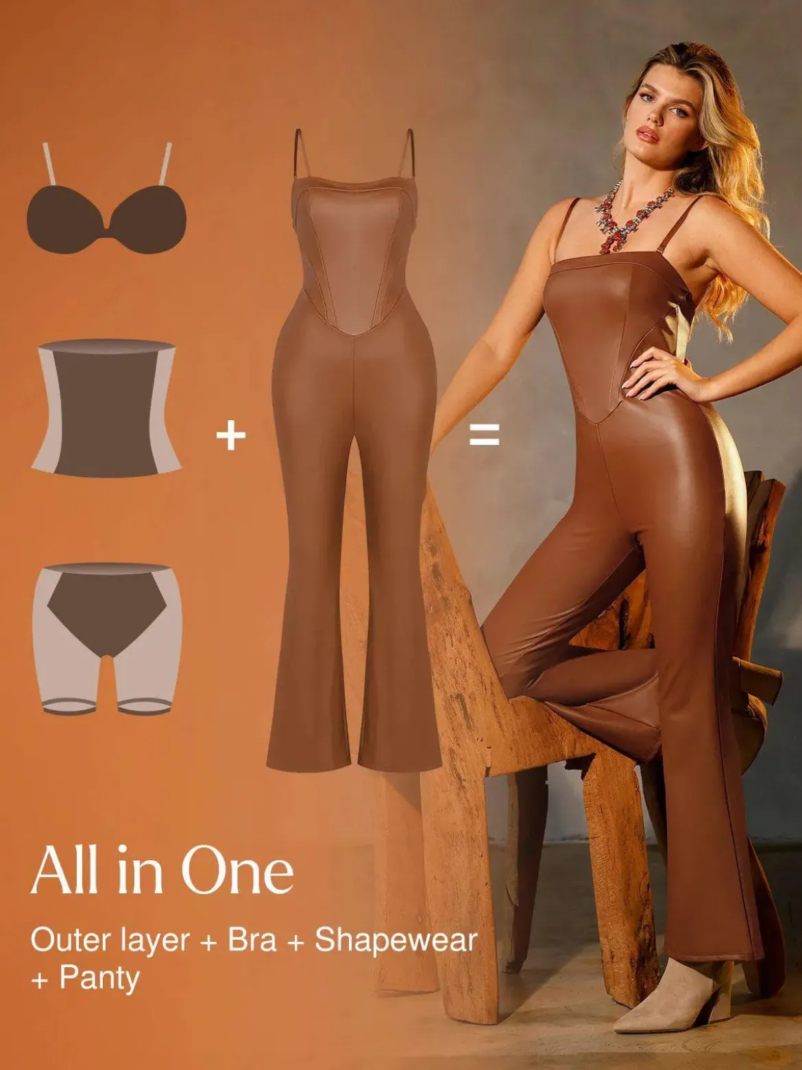 Shapewear Faux Leather Corset Jumpsuit Set