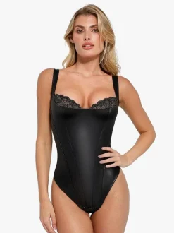 Shapewear Faux Leather Lace Balconette Sculpting Bodysuit