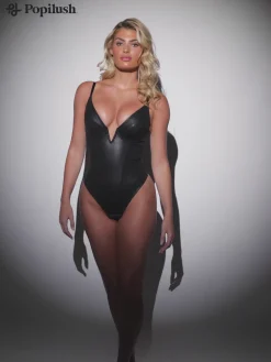 Shapewear Faux Leather Plunging V Sculpting Corset Bodysuit