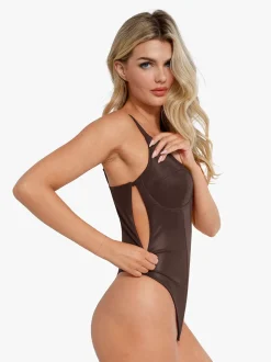 Shapewear Faux Leather Plunging V Sculpting Corset Bodysuit