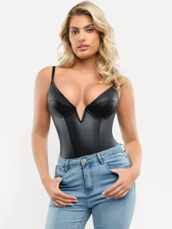 Shapewear Faux Leather Plunging V Sculpting Corset Bodysuit
