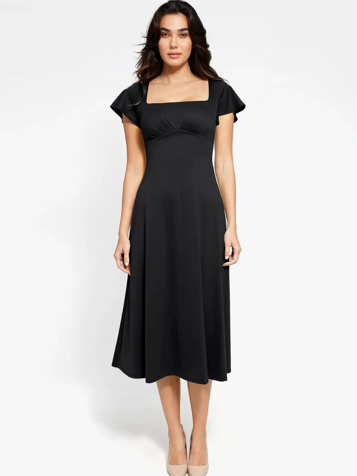 Shapewear Flutter Sleeve Sculpting A-Line Midi Dress