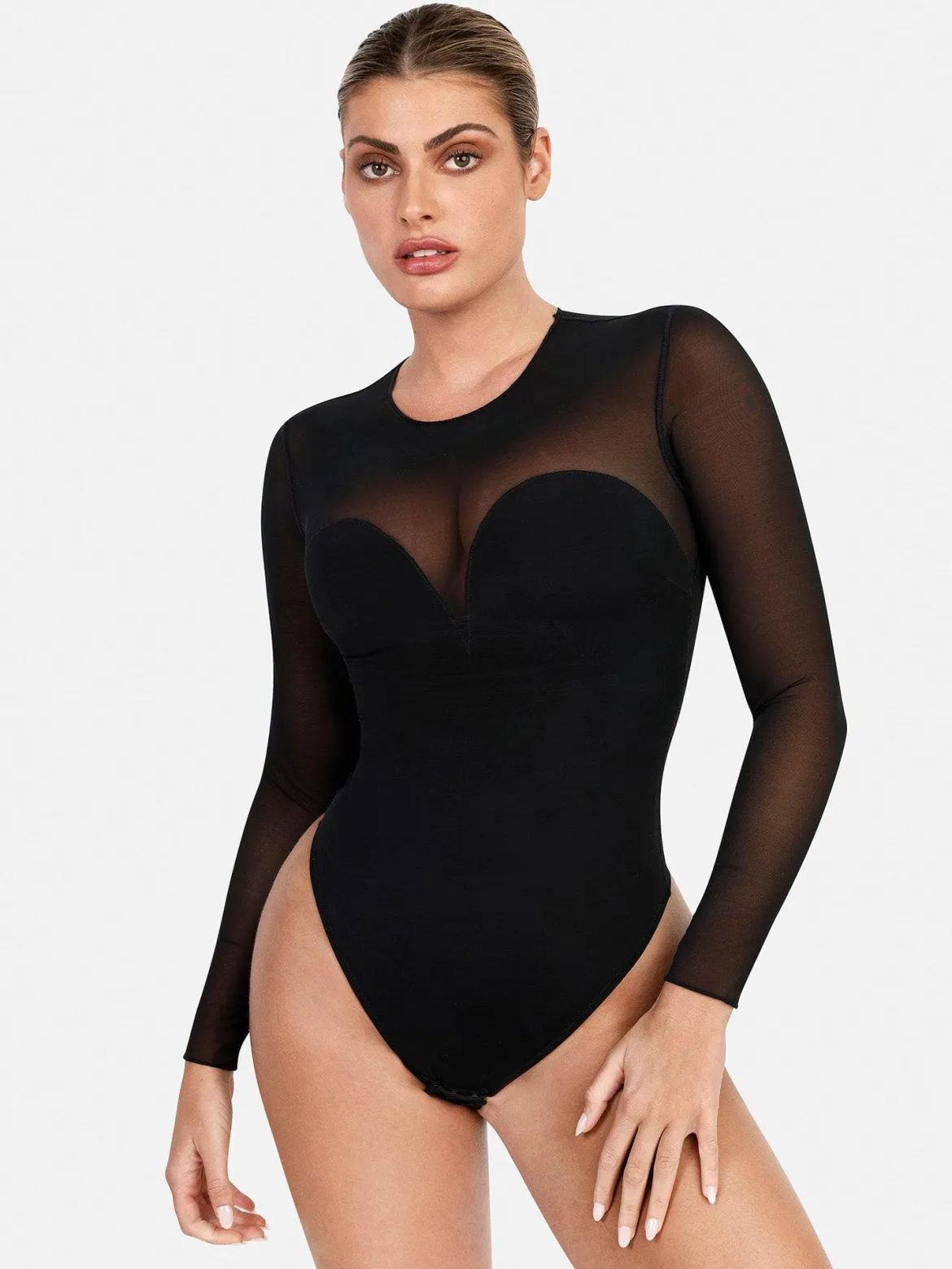 Shapewear Illusion Mesh Long Sleeve Tummy Control Bodysuit