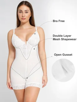 Shapewear Lace Deep-V Neck Bodysuits or Faux Leather Skirts