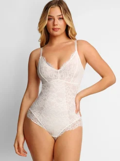 Shapewear Lace Deep-V Neck Bodysuits or Faux Leather Skirts
