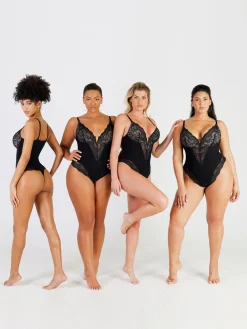 Shapewear Lace Deep-V Neck Bodysuits or Faux Leather Skirts