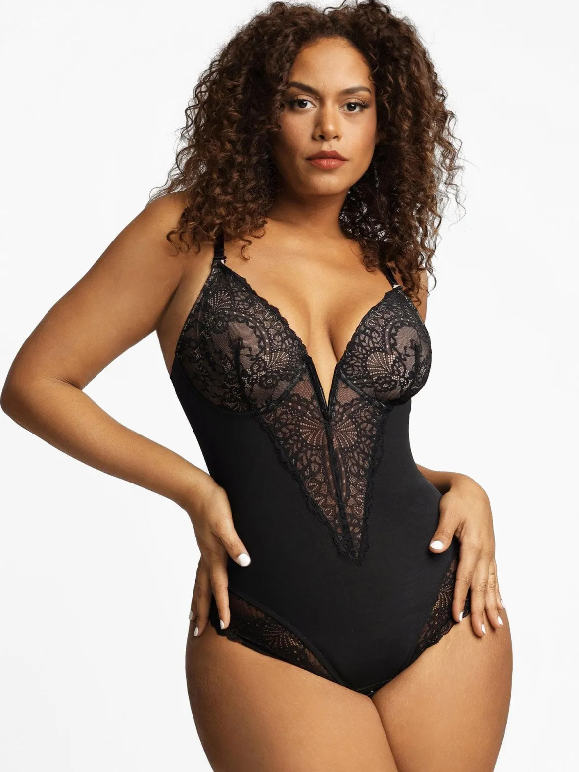 Shapewear Lace Deep-V Neck Bodysuits or Faux Leather Skirts