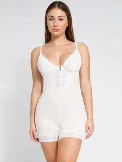 Shapewear Lace Deep-V Neck Bodysuits or Faux Leather Skirts