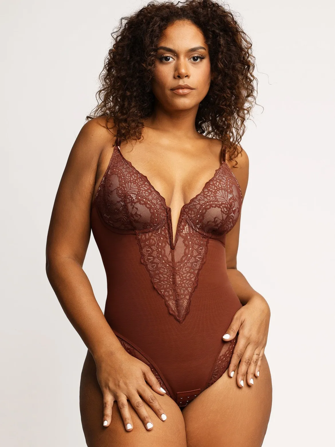 Shapewear Lace Deep-V Neck Bodysuits or Faux Leather Skirts
