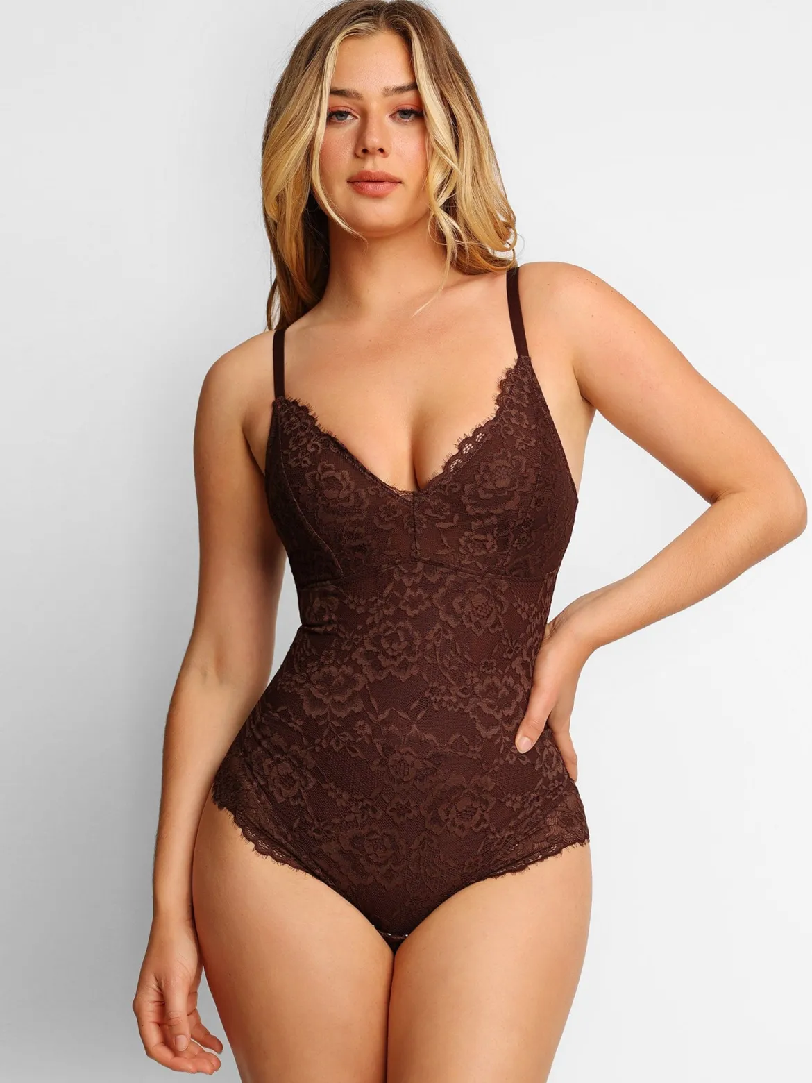 Shapewear Lace Deep-V Neck Bodysuits or Faux Leather Skirts